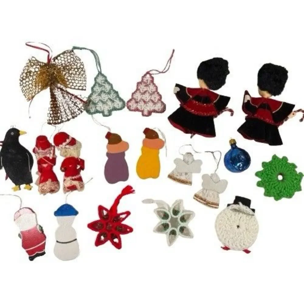 Lot of 19 Vintage Handmade Wooden Crochet German Ornaments Variety Angels Santa